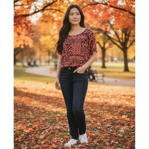 Annabelle Hi-Low Asymmetrical Geometric Crop Top Black Orange Medium